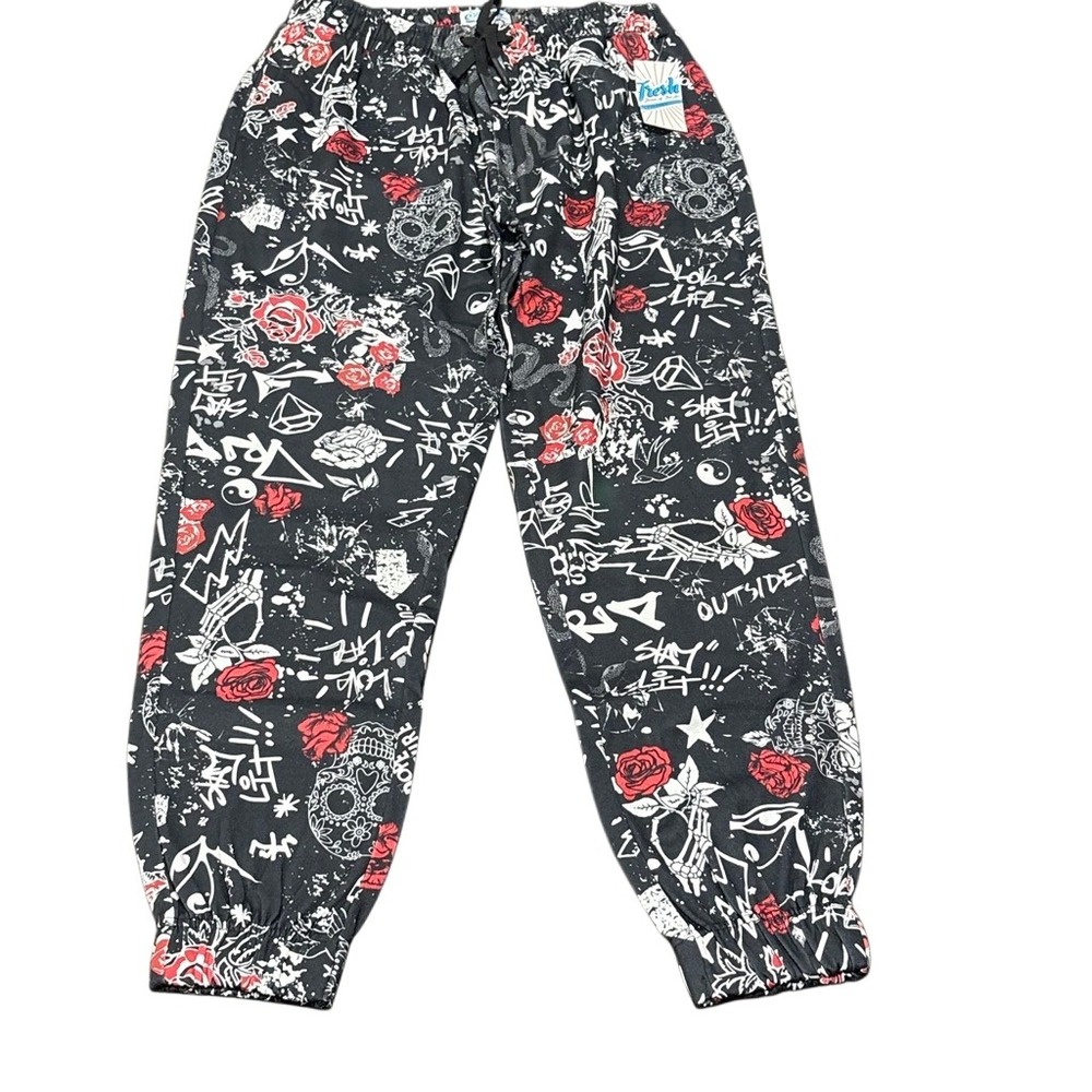 Fresh Prints of Bel Air Skull‎ Rose Graffiti Track Pants Large Black Red Pockets